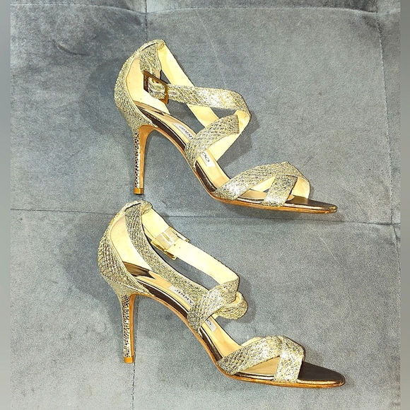 EUC JIMMY CHOO GOLD GLITTER "LOUISE"  STRAPPY HEEDLED SANDALS SIZE 7½ / 38½ - Picture 7 of 8